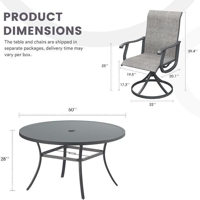 9 Pieces Patio Furniture Dining Set, 8 Textilene Swivel Dining Chairs, 60" Outdoor Round Metal Table with 1.57" Umbrella Hole, Outdoor Dining Set for Porch, Lawn, Garden, Grey/Grey