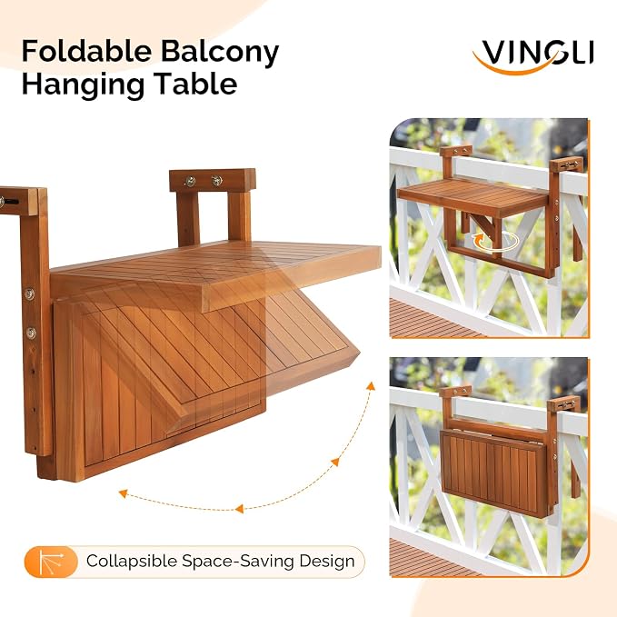 VINGLI 22in Acacia Wood Folding Balcony Hanging Table – Adjustable Height & Width, Balcony Railing Table Ideal for Different Railing Widths,Perfect for Balcony,Patio,Rectangular,Natural Wood Color