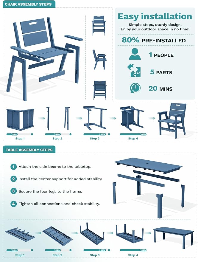 SERWALL 9 Piece HDPE Patio Dining Set, Outdoor Dining Table with 8 Chairs, All Weather Resistant Heavy Duty Outdoor Furniture with Umbrella Hole for Garden Backyard Deck, Blue
