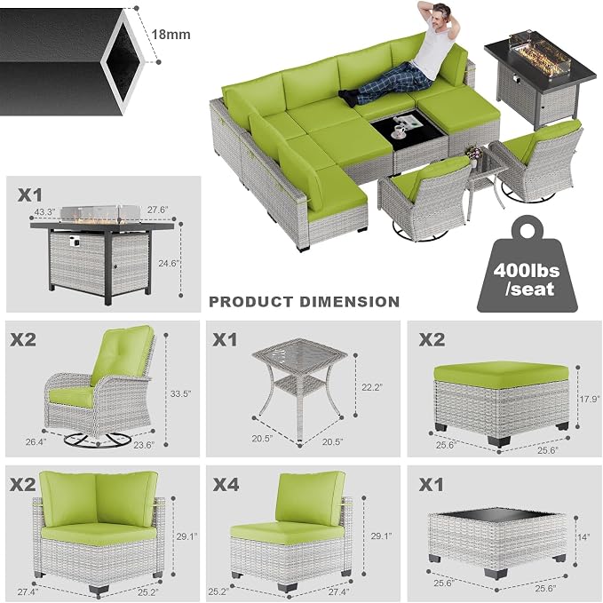 13-Piece Patio Furniture Set, Outdoor Patio Furniture with Swivel Chairs Set, Ottomans, 55,000 BTU Fire Pit Table, Modular Patio Sofa, Dual-Strand Rattan, Rust-Resistant Frame, Grass Green