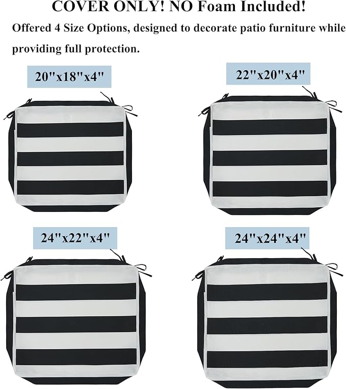 FUNHOME 2 Pack Outdoor Cushion Covers 24" x 24" x 4", No Insert! Water-Resistant Patio Chair Seat Cushion Covers with Zipper and Tie, Replacement Cover Only(Black White Stripe)