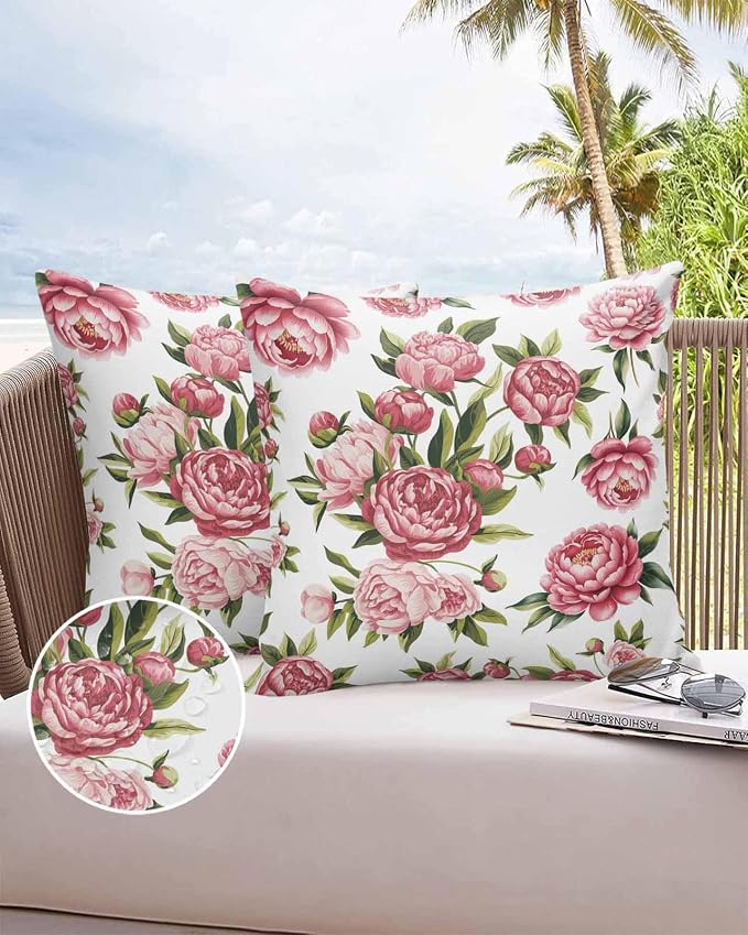 Vandarllin Outdoor Throw Pillows Covers 24x24 inch Set of 2 Waterproof Pink Rose Floral Decorative Zippered Cushion Covers for Patio Furniture, Leaves Flowers Lumbar Pillowcases