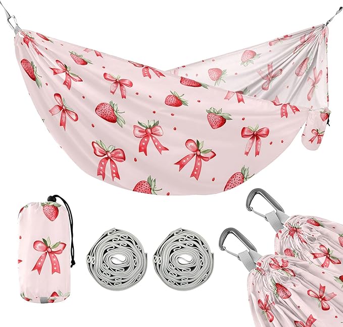 Camping Hammock Outdoor Hammocks for Outside Strawberry Bows Cute Beach Trees Portable Lightweight with Pockets Tree Straps Indoor Small