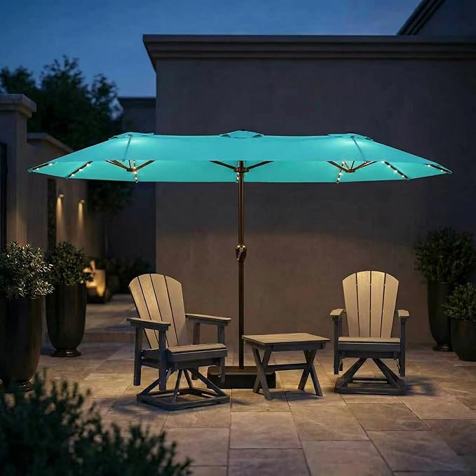 15FT Patio Umbrella with Solar Lights, Double-Sided Extra Large Outdoor Table Umbrella with Base Included, Heavy-Duty 12 Iron Ribs Market Umbrella for Garden, Pool, Backyard, Aqua Blue