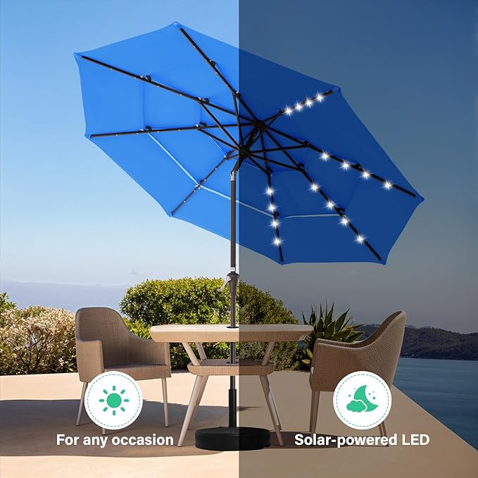 JEAREY 3 Tiers Patio Umbrella with Solar Lights 9ft Outdoor Market Table Umbrellas with Push Button Tilt for Outside Pool Garden, Royal Blue