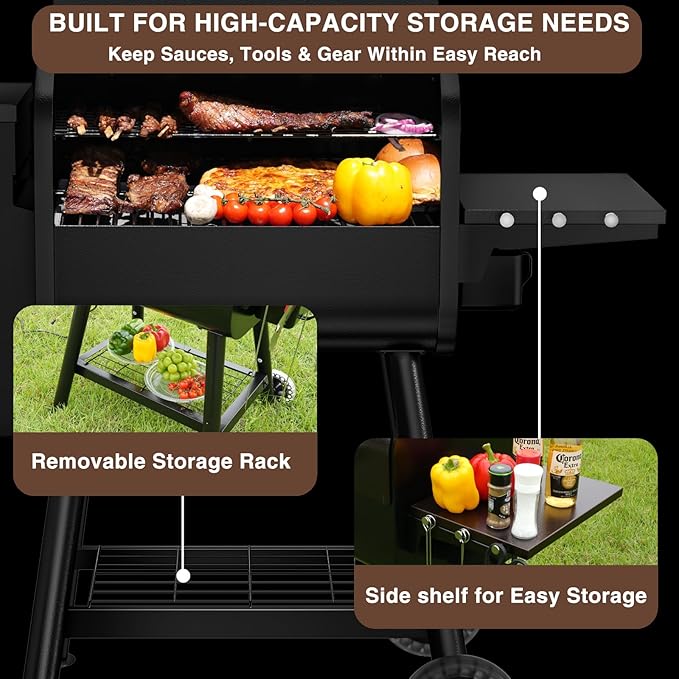 KingChii Electric Wood Pellet Grill & Smoker with Side Shelf, 456 SQ.IN Grill Capacity, 18LB Hopper, with PID Temperature Control (180-425°F) for Backyard Camping Bake and Roast, Black with Cover