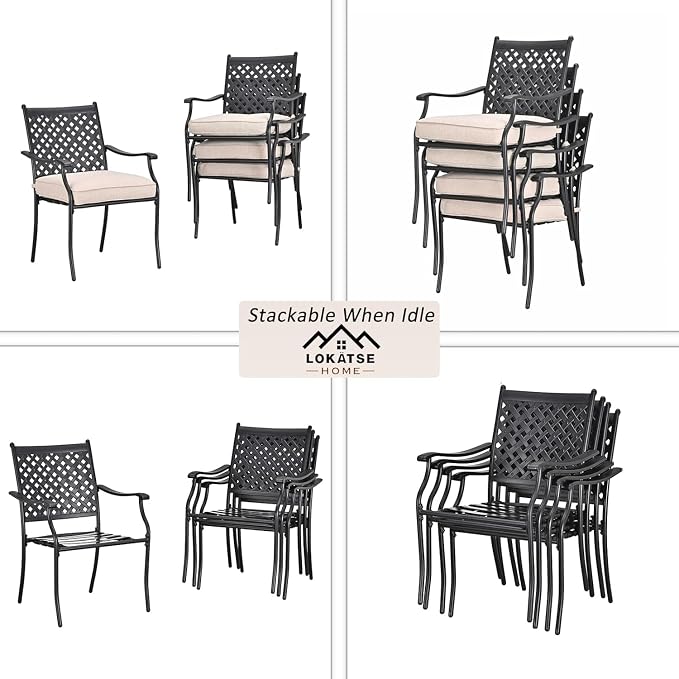 LOKATSE Home 5 PCS Outdoor Patio Dining Set with 4 Armchair with Cushions and 1 Round Table with 2.04" Umbrella Hole for Garden Backyard Poolside