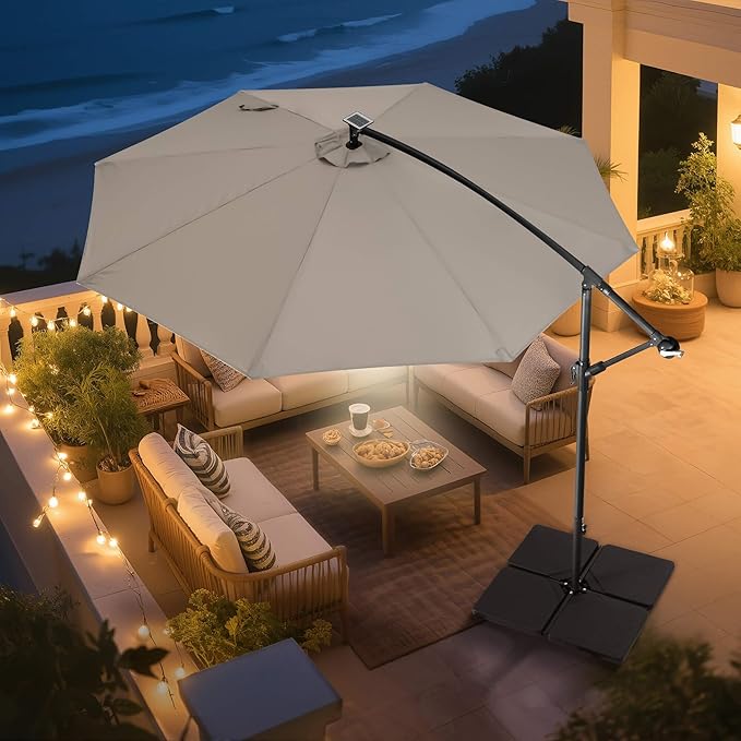 Solar Offset Patio Umbrella - 10 FT Solar Cantilever Umbrella Outdoor with 40 LED Lights and Cross Base, UV Protection for Garden, Deck, Backyard, Pool, Porch, Taupe