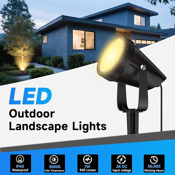 Outdoor Landscape Lighting Low Voltage, 29.5FT Wired LED Spot Light with Plug-in Transformer, IP65 Waterproof Outside Uplight 7W 840LM for Yard Garden Tree Pathway House, Warm Yellow 3000K, Pack of 4