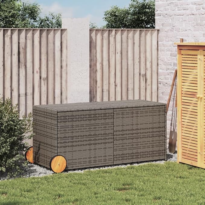 Garden Storage Box Grey with Wheels, 283 Liters Capacity, Weather-Resistant PE Rattan and Powder-Coated Steel, Manual Height Adjustment for Outdoor Organization and Mobility