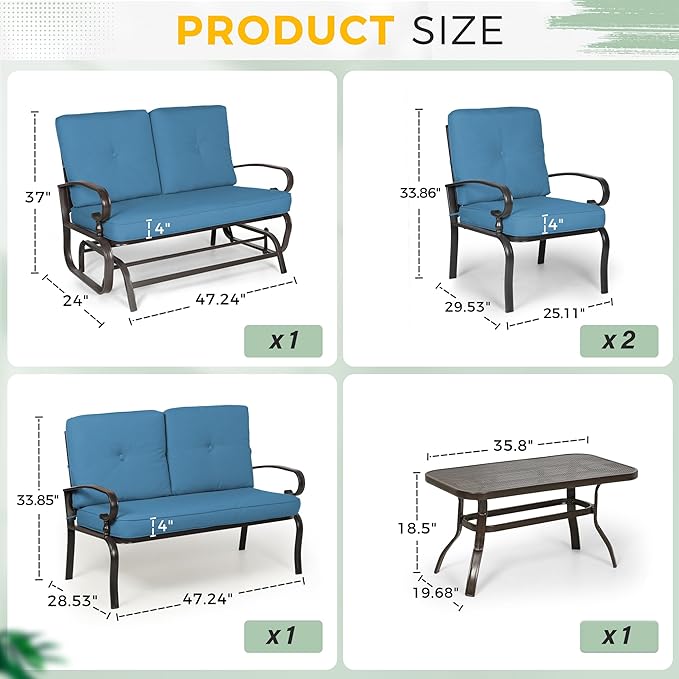 Incbruce 5 Pcs(6 Seats) Outdoor Metal Furniture Sets Wrought Iron Patio Conversation Sets, (Glider, 2 Single Chairs, Loveseat, and Coffee Table) with Cushion (Peacock Blue)