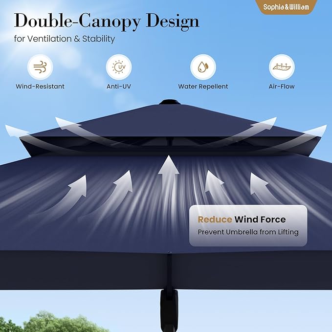 Sophia & William 12ft Cantilever Patio Umbrella with Base, Large Rectangular Umbrellas with 360-degree Rotation, Aluminum Pole for Garden Pool Backyard, Navy Blue