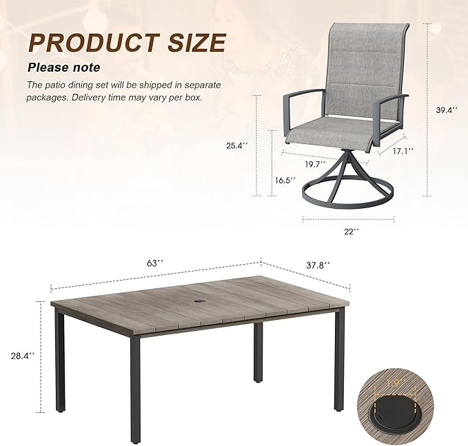 VICLLAX 7 Pieces Outdoor Dining Set, Patio Furniture Set Includes 63" Rectangular Metal Table W/ 1.9" Umbrella Hole and 6 Padded Textilene Swivel Chairs for Porch, Lawn, Garden, Backyard