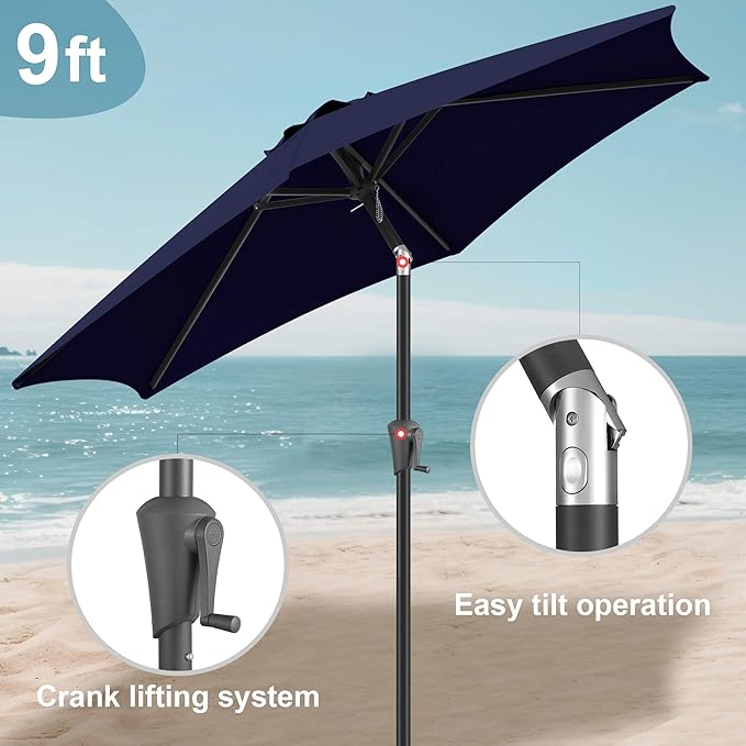 FLAME&SHADE 9ft Patio Umbrella Outdoor - Table Umbrella with Push Button Tilt and Crank, UV Protection, 6 Sturdy Ribs, Market Umbrella for Garden, Deck, Backyard, Lawn, Pool and Beach(Navy Blue)