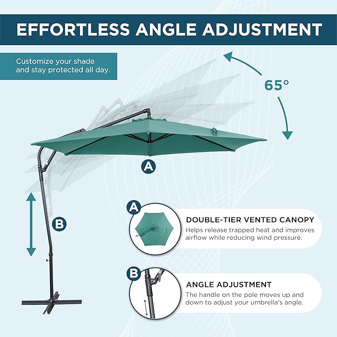 10FT Offset Patio Umbrella, Cantilever Hanging Umbrella with Infinite Tilt, Fade-Resistant Water-Repellent Canopy & Cross Base for Yard, Garden & Deck