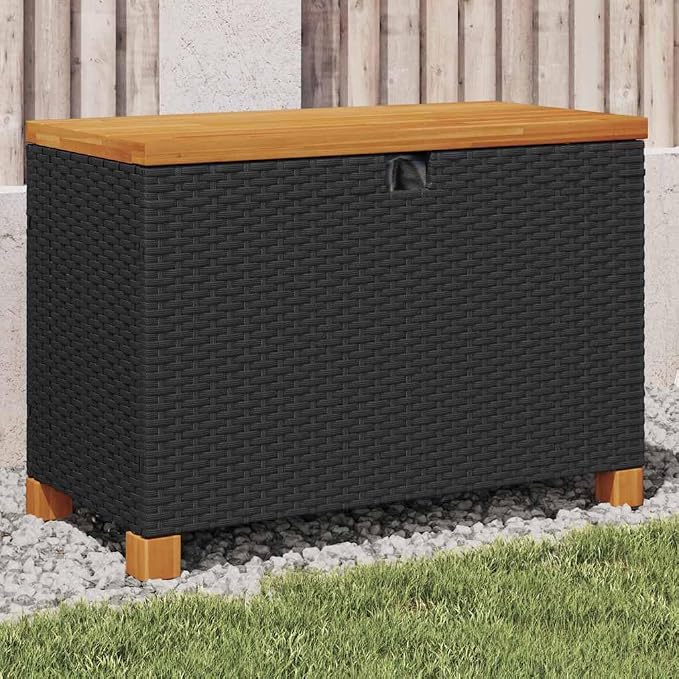 Garden Storage Box Black and Brown,Modern Garden Storage Box with Gas Spring Lid Durable Poly Rattan & Acacia Wood Construction for Indoors/Outdoors Storage Boxes