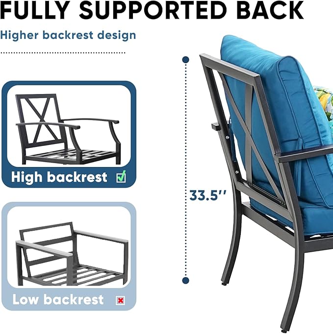 4 Piece Outdoor Patio Furniture Set, Oversized Metal Conversation Set with High Back & Deep Seating, Water-Repellent Cushions, Coffee Table for Porch, Deck, Backyard, Peacock