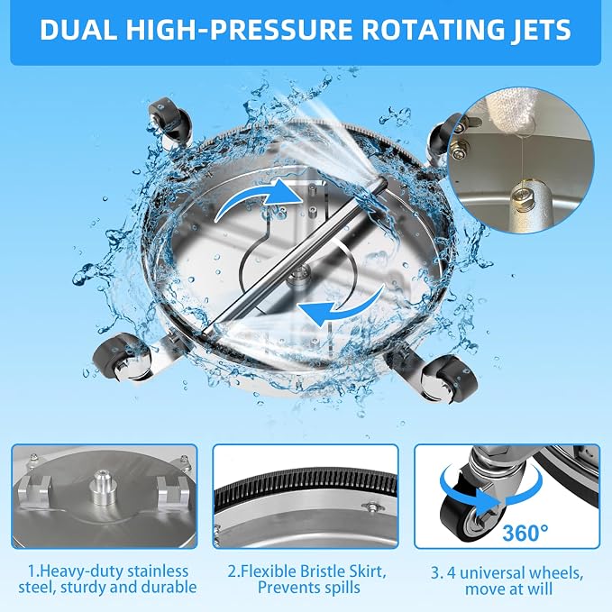 16" Pressure Washer Surface Cleaner with 304 Industrial-Grade Stainless Steel Housing, Dual Handle, 4500 PSI Driveway Pressure Washer Attachment, 2 Replacement Nozzles, for Concrete, Sidewalk, Deck