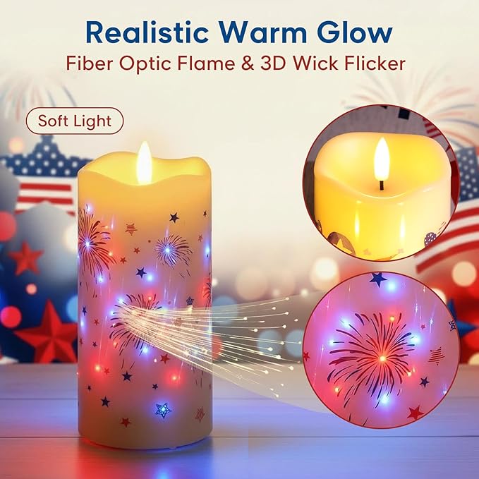 Eywamage Patriotic Fiber Optic Flameless Candles with Remote, Flickering Battery LED Candles Set of 3, 4th of July Independence Day Memorial Day Decor