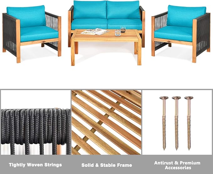 Tangkula Outdoor Wood Furniture Set, Acacia Wood Loveseat Sofa, 4 Single Chairs and 2Coffee Tables, 8 Pieces Conversation Set with Cushions, Garden Balcony Poolside Outdoor Living Set (2, Turquoise)