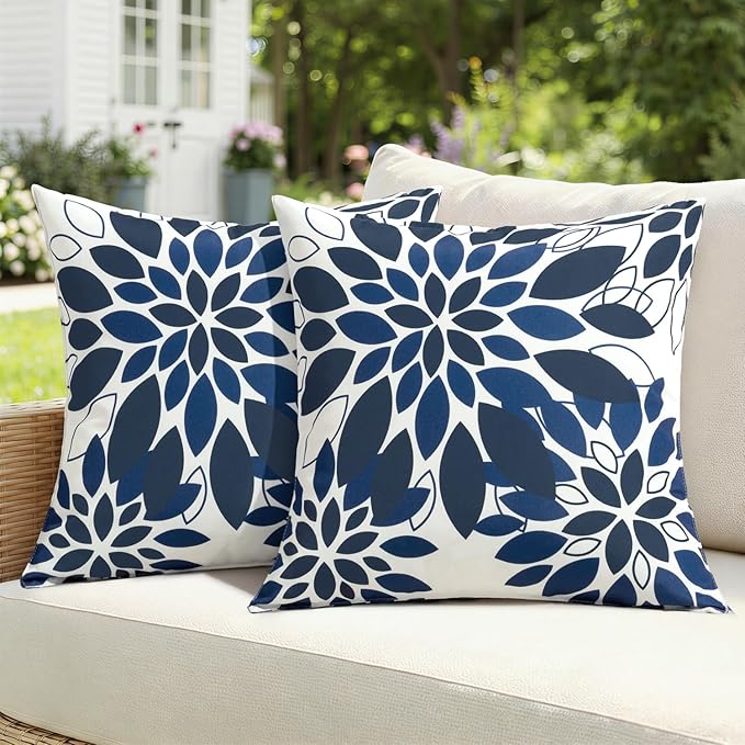 Floral Outdoor Pillow Covers Waterproof Spring Throw Pillow Cases Navy Blue 18x18 Inch Set of 2 Decorative Summer Cushion Covers for Patio Furniture Garden Bench Porch Sofa