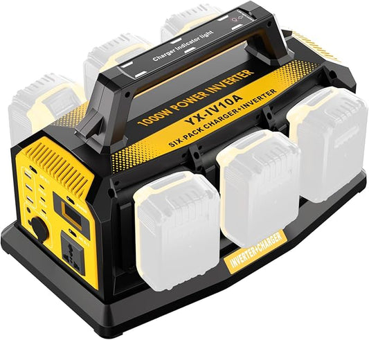 1200W Power Inverter for Dewalt 20V Battery,Compatible Battery Charger of 6 Ports Each 6A,20V to 110V Pure Sine Wave Inverter with 3 USB-A/Type-C/DC Port, Light,Cigarette Lighter Socket for Emergency