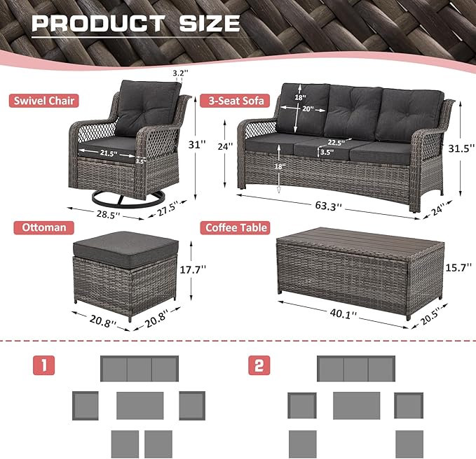 6 Pieces Wicker Patio Furniture Set Conversations Sets, 2 Outdoor 360° Swivel Rocking Chairs, Patio Swivel Glider Chair with Table and Ottoman for Garden, Poolside, Backyard (Grey)