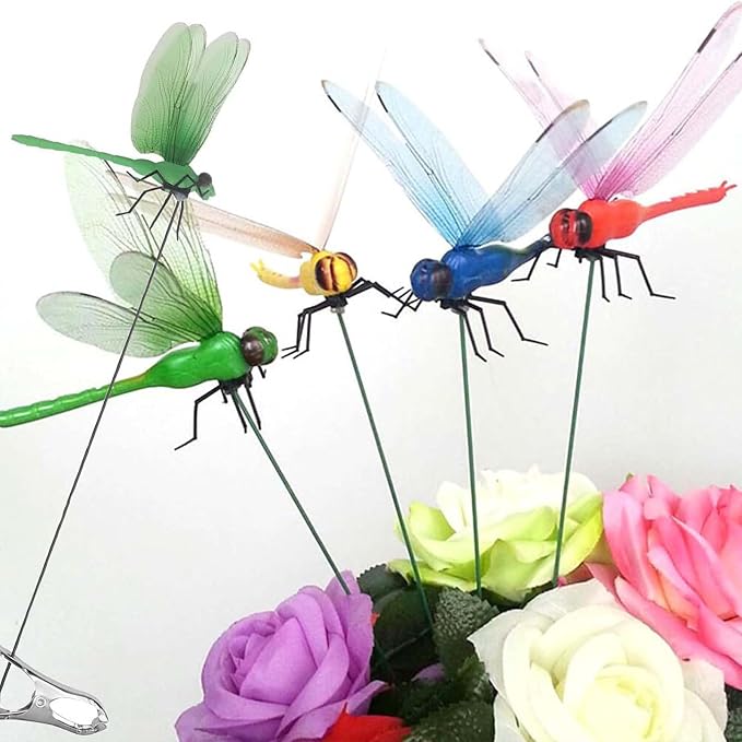 Artificial Dragonfly Pole Clips for Outdoors,Dragonfly Hat Clip,3D Dragonfly Garden Decorative Clips,Horticultural Dragonfly Decoration 12Pcs