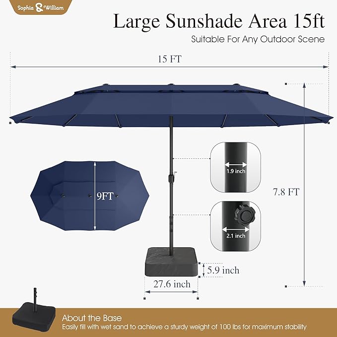 Sophia & William 15ft Extra Large Patio Umbrella with Base Included, 2-Tier Double-Sided Rectangle Outdoor Umbrella with Stand, Market Umbrella for Pool Garden Backyard, Navy Blue
