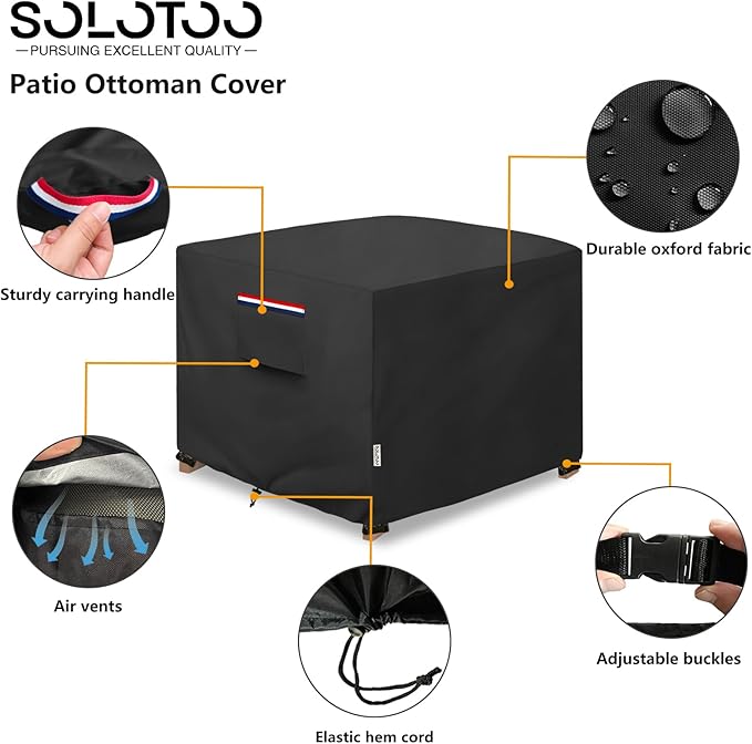 Patio Ottoman Cover Waterproof Heavy Duty Square Outdoor Ottoman Covers, 32W x 32D x 18H Inches Patio Furniture Covering Protector Outdoor Side Table Cover (Black)