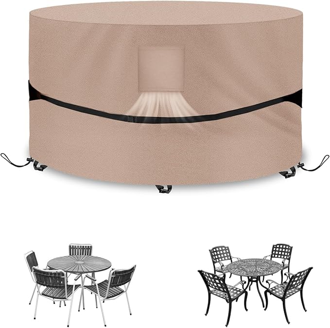 Round Patio Table Cover 84 Inch - 600D Outdoor Furniture Cover Waterproof Heavy Duty Tear Resistant, Lawn Furniture Set Covers Large for Outside Dining Table and Chairs Seating-84" DIAx28 H, Khaki