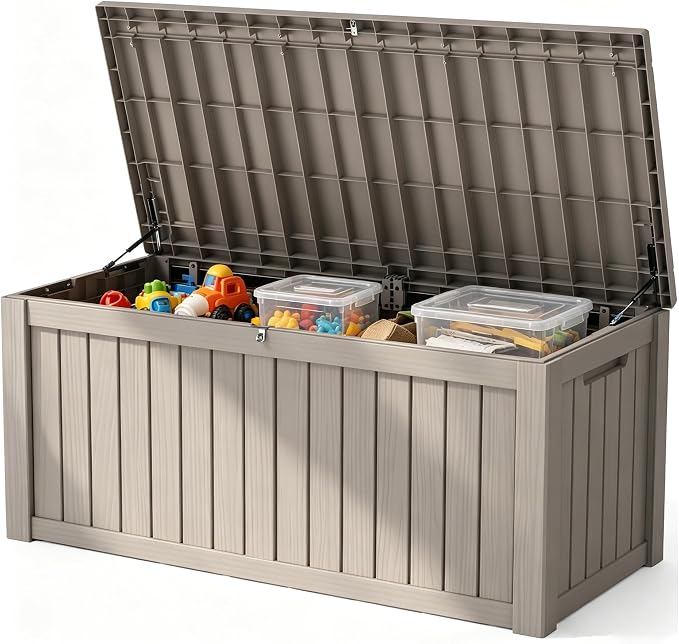 Outdoor Storage Box, 150 Gallon Waterproof Deck Box [Upgraded 3.0], Piston-Assisted Resin Trunk for Sectional Sofa Cushions, High-Capacity Lockable Double Storage Bench, Patio Lounge, Grey