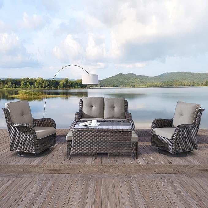 Rilyson Wicker Patio Furniture Set - 6 Piece Rattan Outdoor Sectional Conversation Sets with 2 Swivel Rocking Chairs,2 Ottomans,1 Loveseat and 1 Coffee Table for Porch Deck Garden(Brown/Grey)