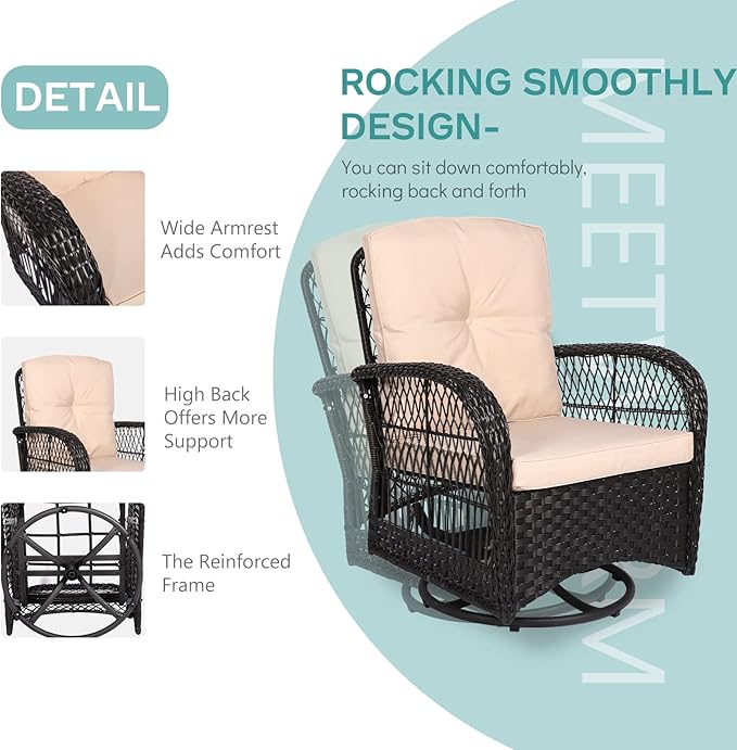 MEETWARM 3 Pieces Outdoor Wicker Swivel Rocker Patio Set, Rocking Chairs Rattan Patio Furniture Sets with Thickened Cushion and Glass-Top Coffee Table, Conversation Bistro Set for Porch (Dark Brown)
