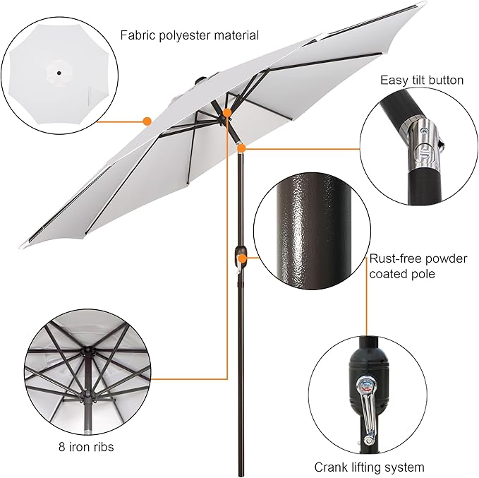 Blissun 9' Outdoor Patio Umbrella, Outdoor Table Umbrella, Yard Umbrella, Market Umbrella with 8 Sturdy Ribs, Push Button Tilt and Crank