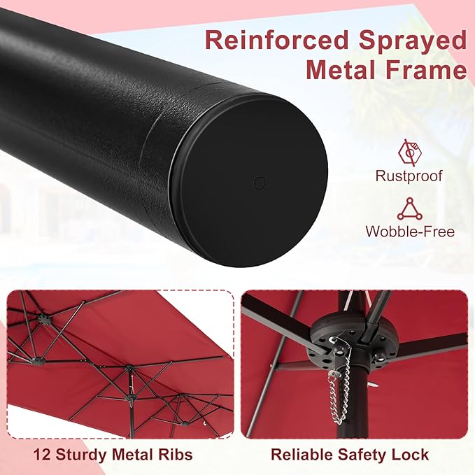 Giantex Patio Umbrella with Base, Double-Sided Outdoor Umbrella with Crank Handle, Umbrella Base Stand with 2 Sandbags, 12 Metal Ribs, Market Umbrellas for Garden Poolside Deck