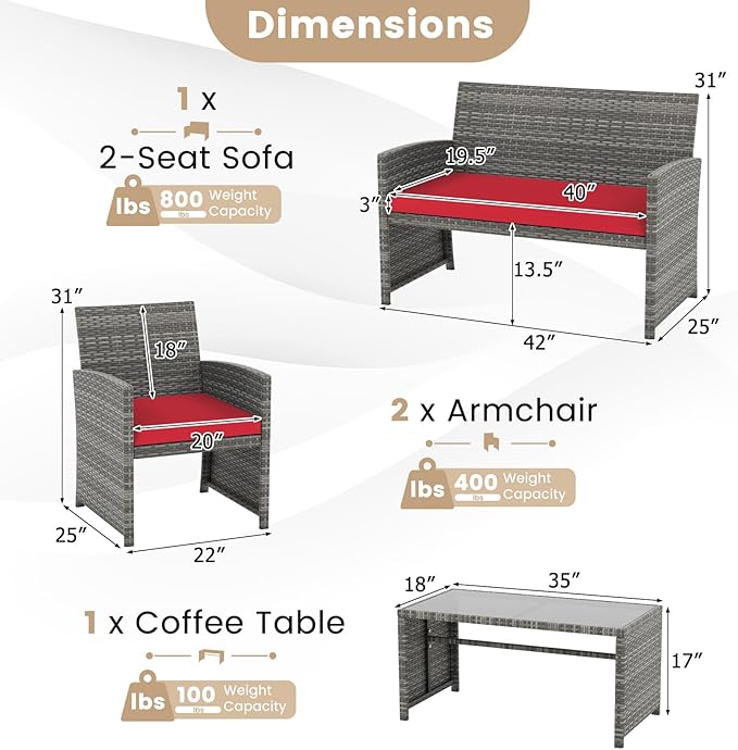 Tangkula 4 Piece Patio Wicker Furniture Set, Outdoor Heavy Duty Rattan Cushioned Chairs, Loveseat and Tempered Glass Coffee Table, for Backyard, Balcony, Poolside