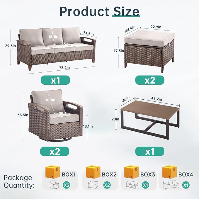 Luxury 8 Piece Heavy Duty Patio Furniture Set with Swivel Chairs - All Weather Wicker Comfort Thick Cushion Outdoor Conversation Set for Porch Poolside Deck - Beige