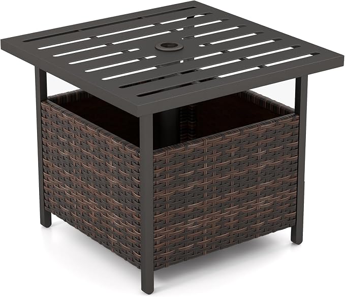 Tangkula Outdoor Table with Umbrella Hole, Rattan Umbrella Stand Table, Wicker Outside Side Table with Steel Metal Frame, Patio Bistro Table for Deck Garden Pool Yard, 22 x 22 x 18.5 Inch (Mix Brown)