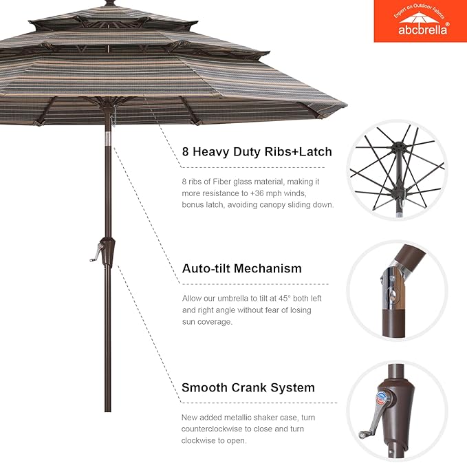 ABCCANOPY 5-Year 10-Year No Fading 9FT 3 Tiers Patio Umbrella, Outdoor Table Umbrella with 8 Sturdy Ribs for Deck, Backyard, Garden, Yard