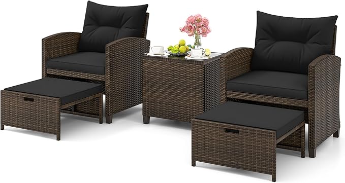 ORALNER 5 Pieces Patio Furniture Set with Ottoman, Wicker Conversation Set w/Cushions, Glass Coffee Table, Outdoor Rattan Lounger Chairs Bistro Set for Porch Balcony Garden Deck Poolside (Black)