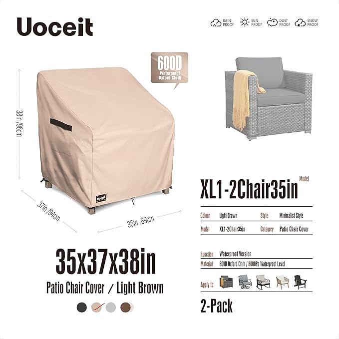 Outdoor Chair Covers 2 Pack,35"Wx37"Dx38"H inches100% Waterproof Heavy Duty Patio Furniture Cover,Outdoor Furniture Covers Waterproof for Light Brown Minimalist Style Patio Chair Covers.