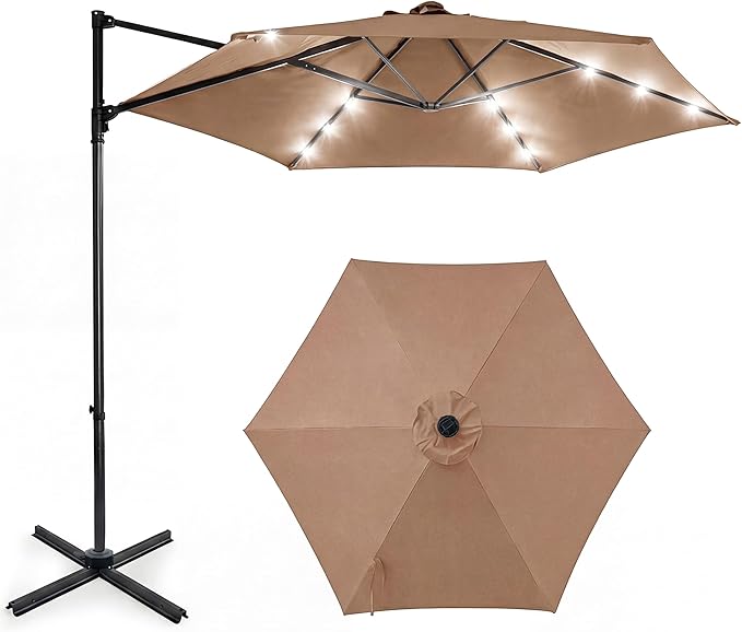 HAPPYGRILL 10 FT Patio Umbrella with Solar Lights, Outdoor Offset Cantilever Umbrella with White LED Lights, 360 Degree Rotation, Air Vent for Pool Deck Garden Backyard
