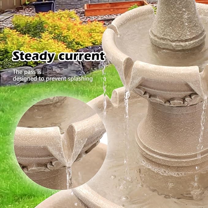 48"H Outdoor Italian Solar Water Fountain, 3-Tier Water Floor Solar Waterfall Fountain Decor with Pump and Solar Panel, Decorative Leaf Carving, Cascading Stone Look Garden Resin Fountains