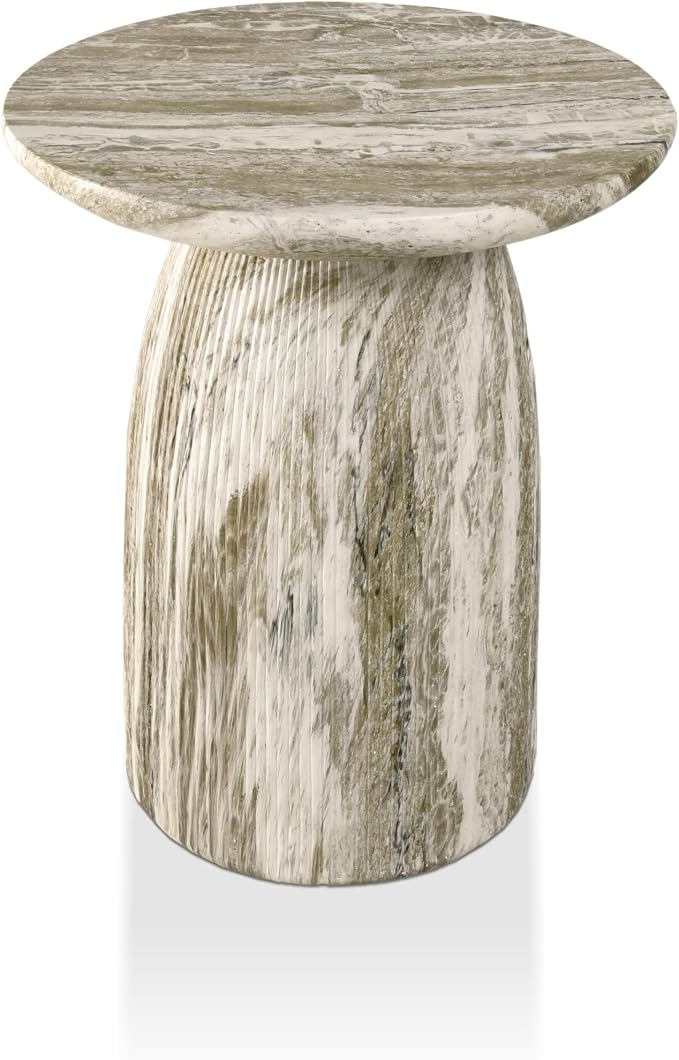 24/7 Shop at Home Ranera Modern 17-inch Natural Stone Side Table with Round Pedestal Base, Marble Nightstand, Fluted Patio End Table, for Living Room, Covered Outdoor Spaces, Balcony, Gray Travertine