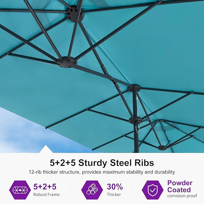 PURPLE LEAF 14ft Patio Market Umbrella Outdoor Double-Sided Umbrella with Base and Crank Rectangle Table Umbrella for Pool Deck Garden, Turquoise