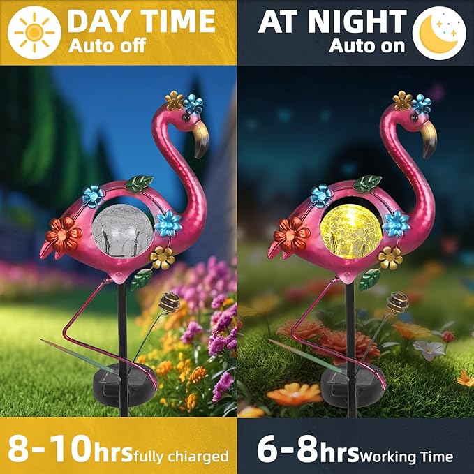 Solar Flamingo Garden Stake Lights Outdoor 2 Pack Metal Flamingo Lawm Ornament Waterproof Decorative Garden Stakes Patio Gifts for Women Mam Girls Landscape Outside Decorations for Yard