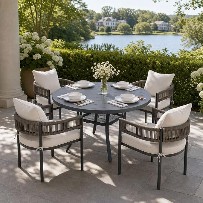 VICLLAX Patio Dining Set, 40.6" Dark Grey Table & 4 Chairs with Wheat Cushion