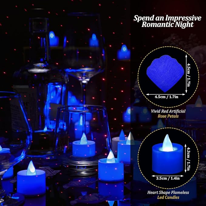 Coume 6000 Pcs Artificial Rose Petals with 72 Pcs Flameless LED Candles Romantic Decorations Fake Candles Anniversary Decorations for Valentine's Day Wedding Night(Blue)