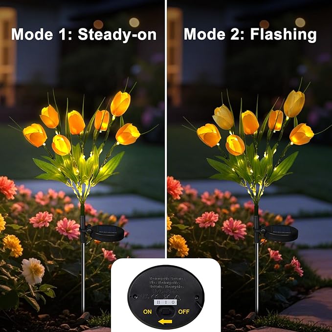 Aolyty Solar Garden Lights Outdoor, Solar Tulip Lights 2 Pack with 14 Tulip Flowers, IP65 Waterproof LED Stake Light for Pathway Patio Yard Landscape Decorative (Yellow)